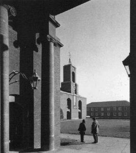 View of the upper quad at Cripps Hall after the opening in 1959 (monochrome photograph).