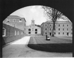 View of the upper quad at Cripps Hall after the opening in 1959 (monochrome photograph)