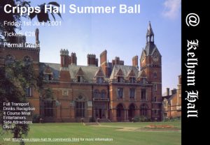 A poster advertising Summer Ball Tickets for £28 including transport, four course meal, disco and other entertainments. The poster shows a photo of Kelham Hall.