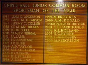 The names of the Cripps Hall Sportsman (later Sports Person) of the year embossed in gold lettering on a wooden plaque.