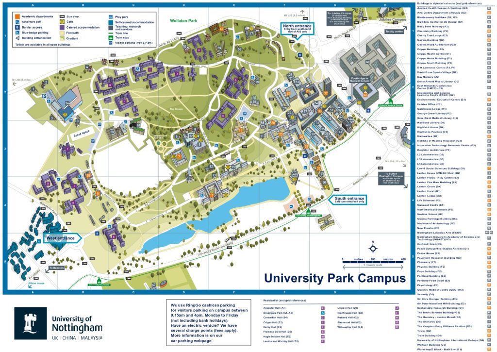 Map of the University of Nottingham, University Park Campus.